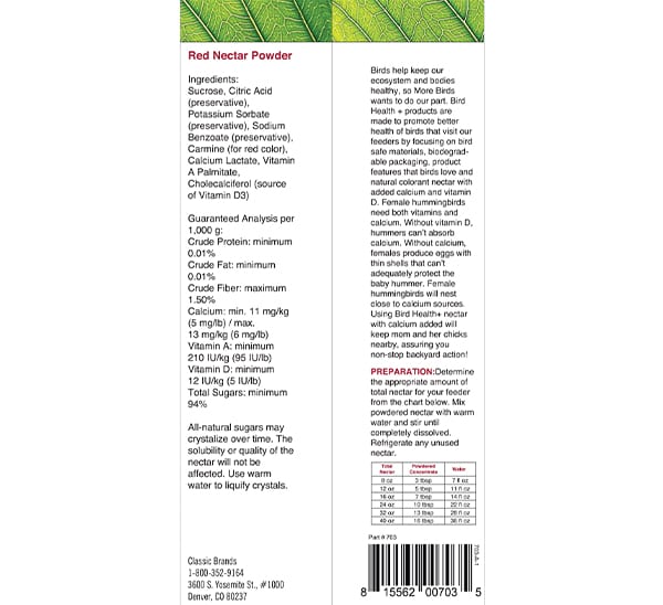 More Birds® Powder Red Hummingbird Nectar back 8 oz